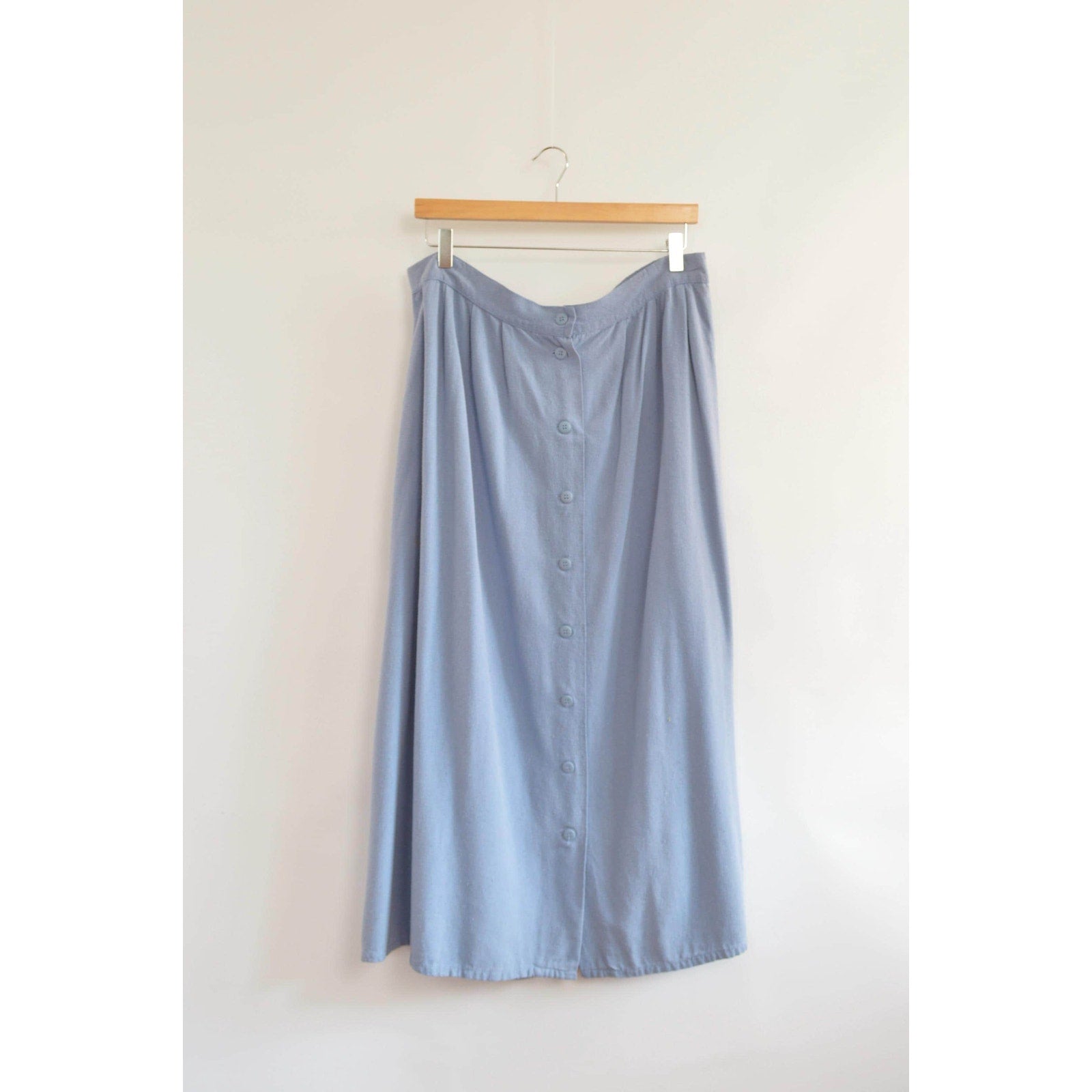 100% silk robins egg blue button down elastic waist midi skirt