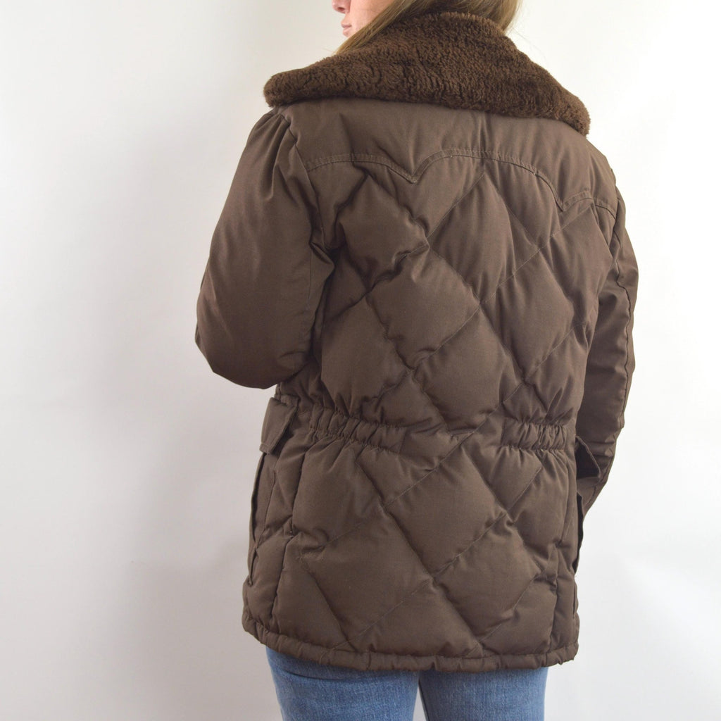 super cool park ranger meets cowboy brown puffer coat with fluffy collar
