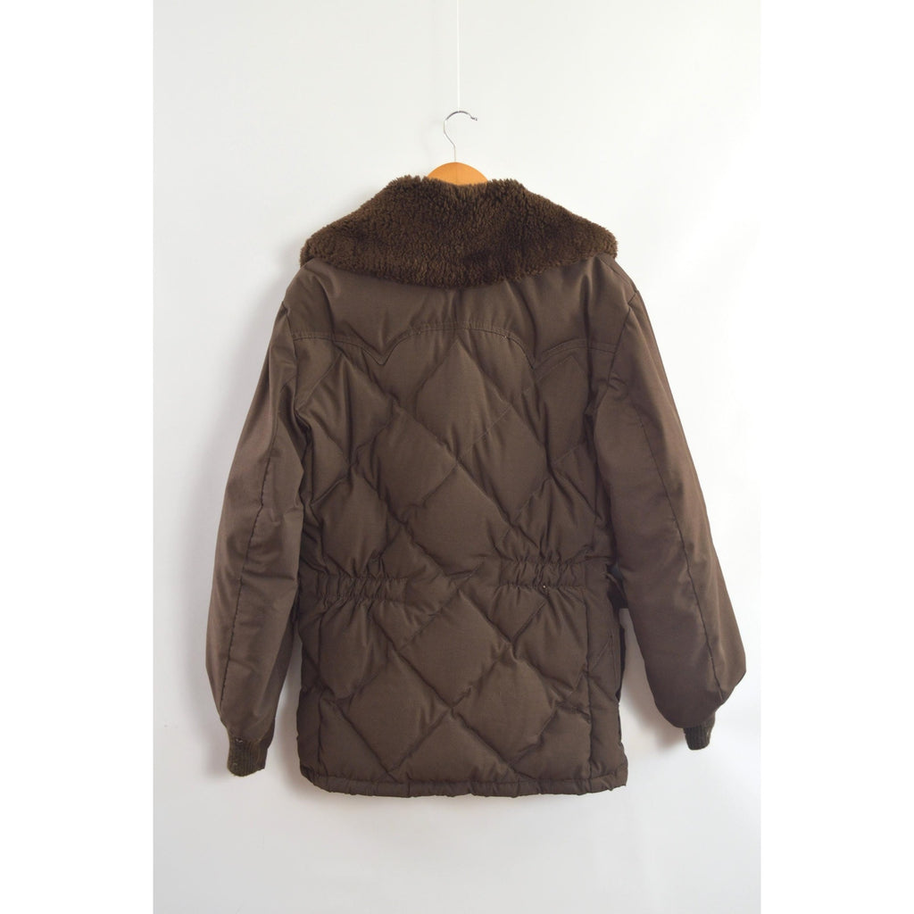 super cool park ranger meets cowboy brown puffer coat with fluffy collar