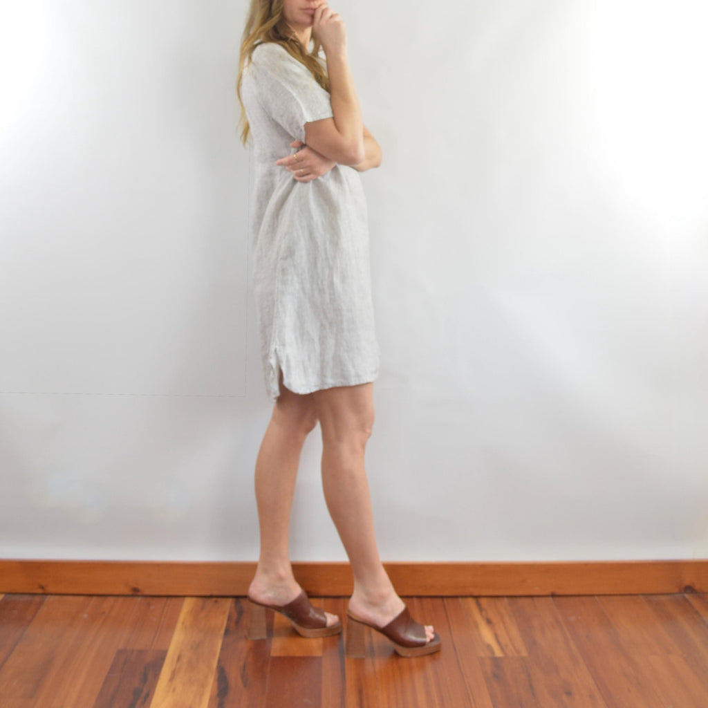 100% linen blue and white striped flax mini tee dress with pockets