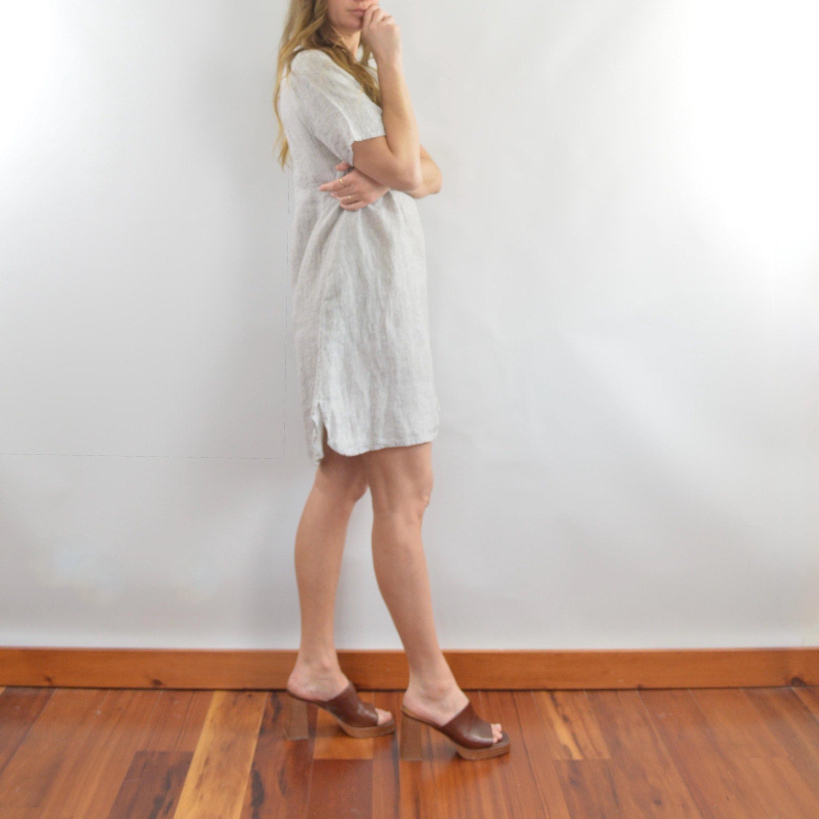 100% linen blue and white striped flax mini tee dress with pockets