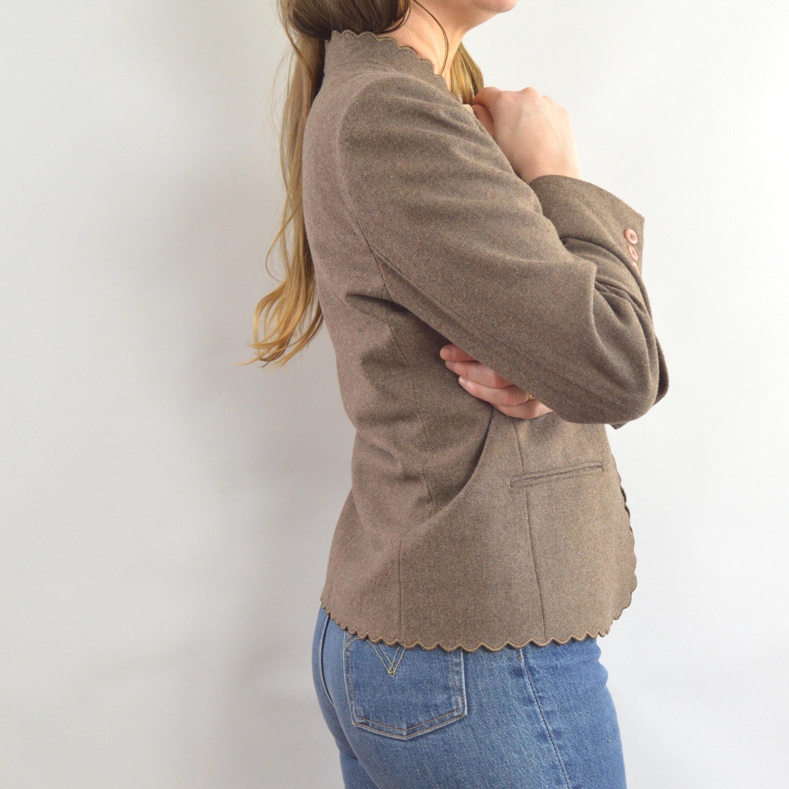 vintage taupe brown wool blend scallop edge blazer