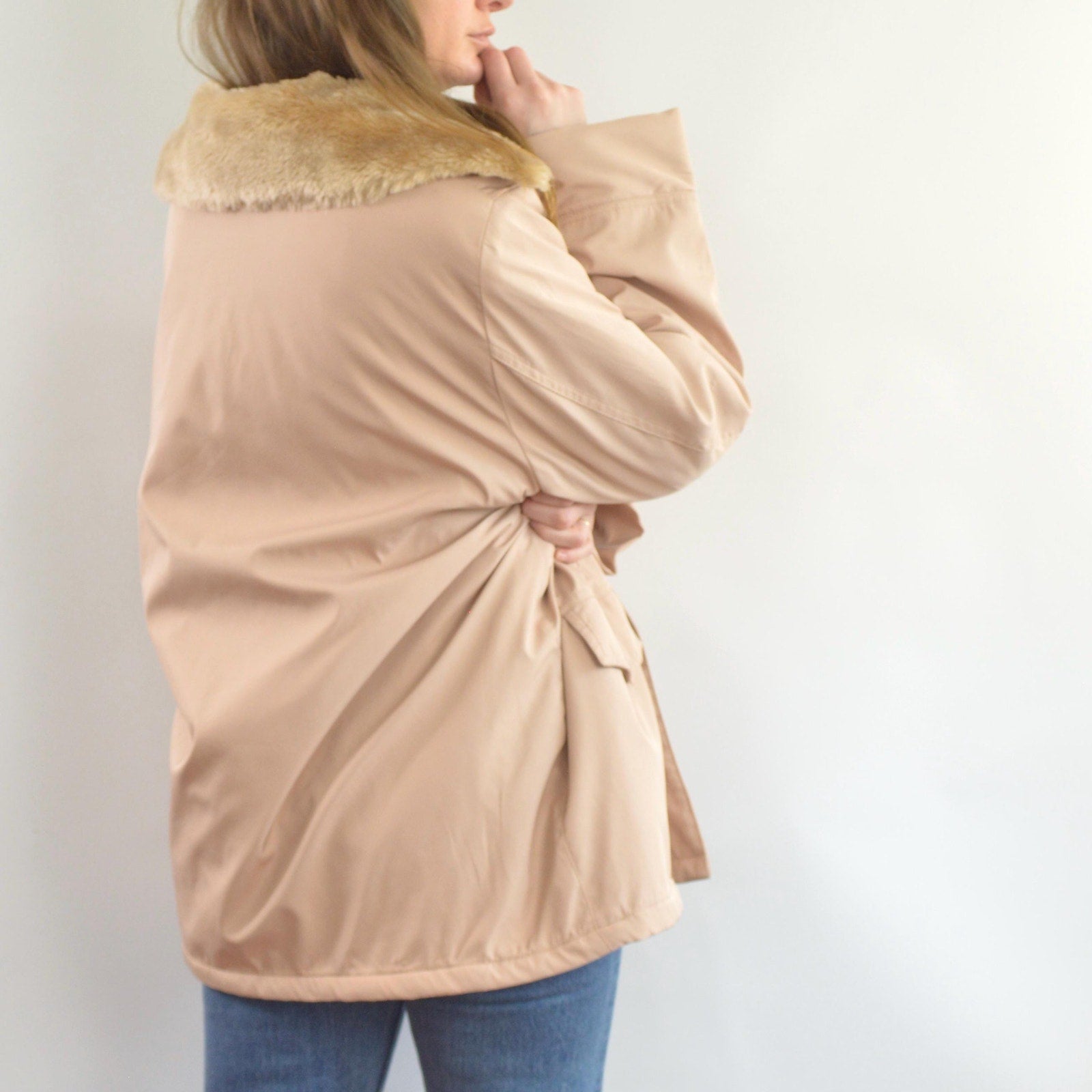 blush and tan cotton blend quilted insulated parka with removable faux fur collar