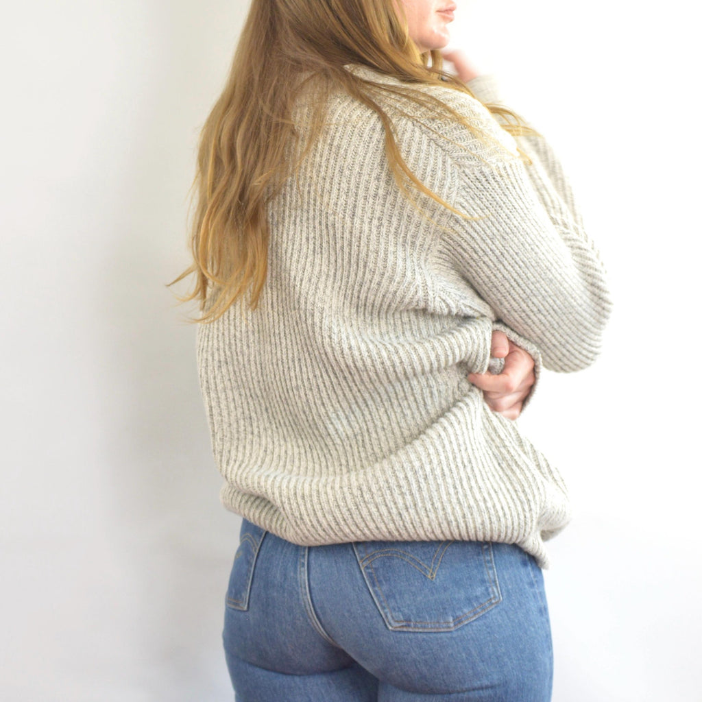 blue and white marled knit cotton quarter button vintage ll bean sweater