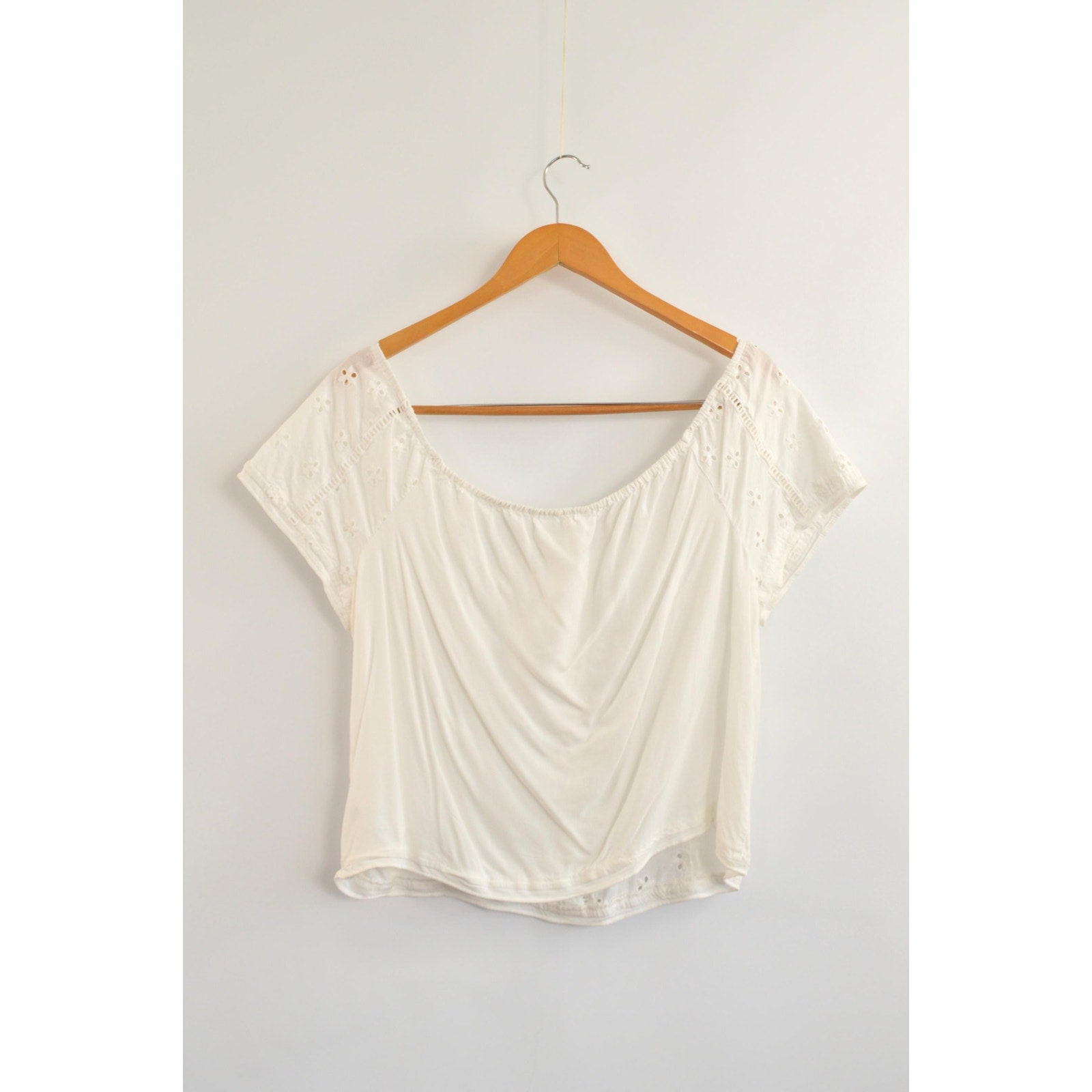white vintage eyelet off the shoulder button down crop blouse