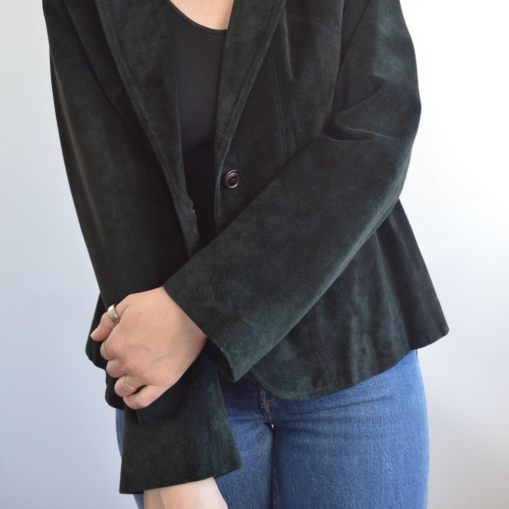 pure suede leather black slightly cropped single button jacket