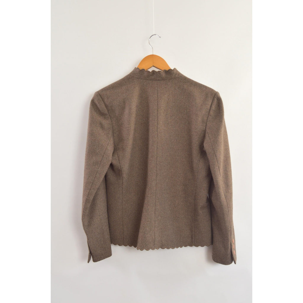 vintage taupe brown wool blend scallop edge blazer