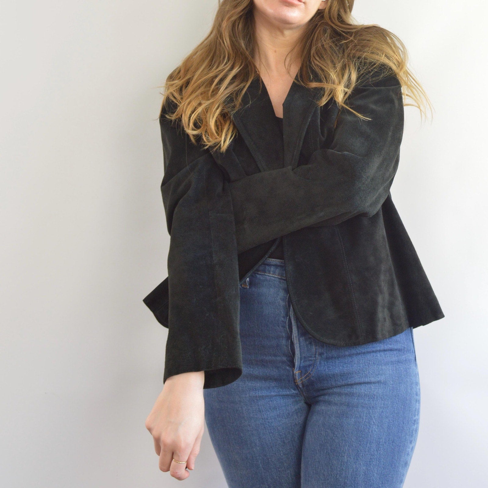 pure suede leather black slightly cropped single button jacket