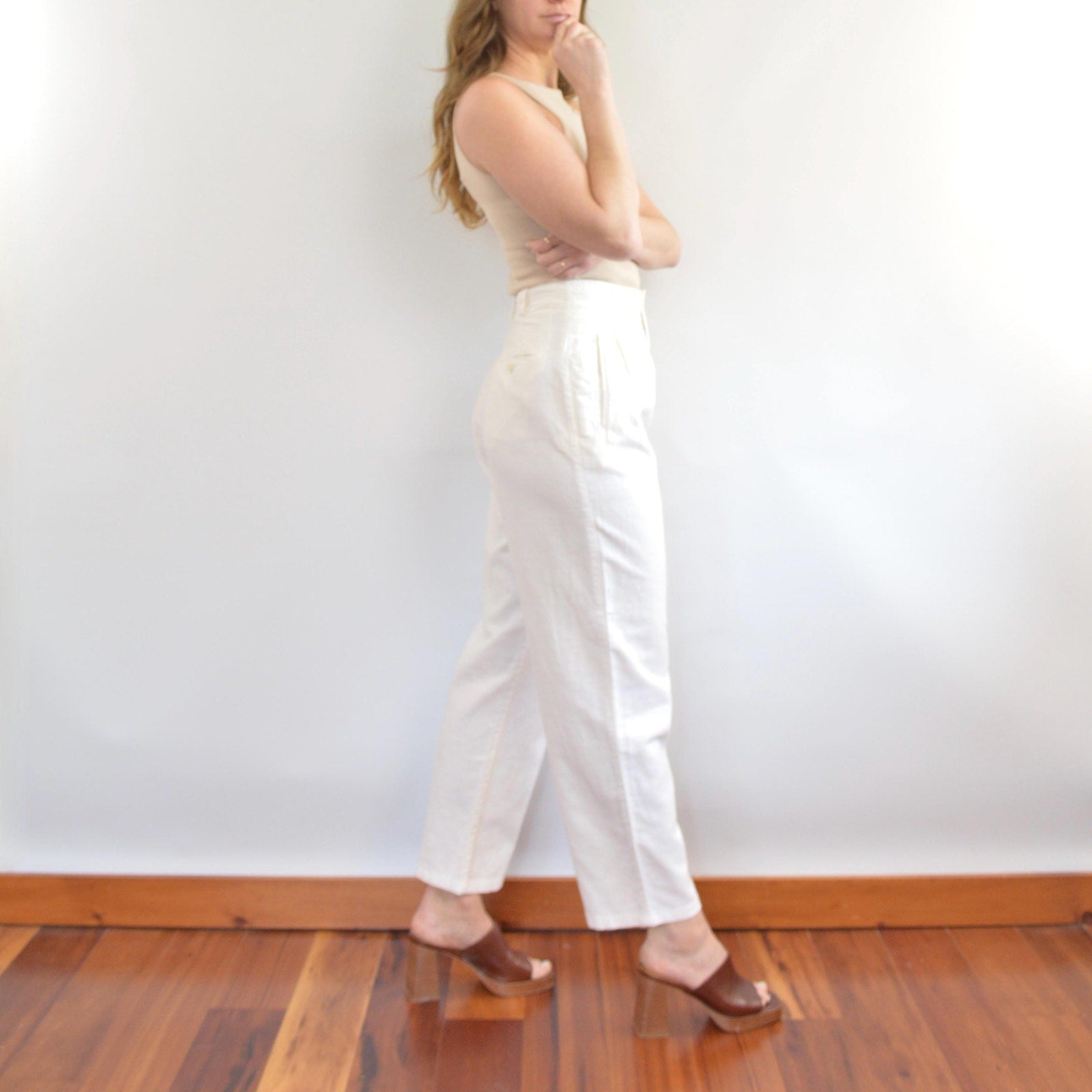 vintage white liz sport linen and cotton straight leg pants