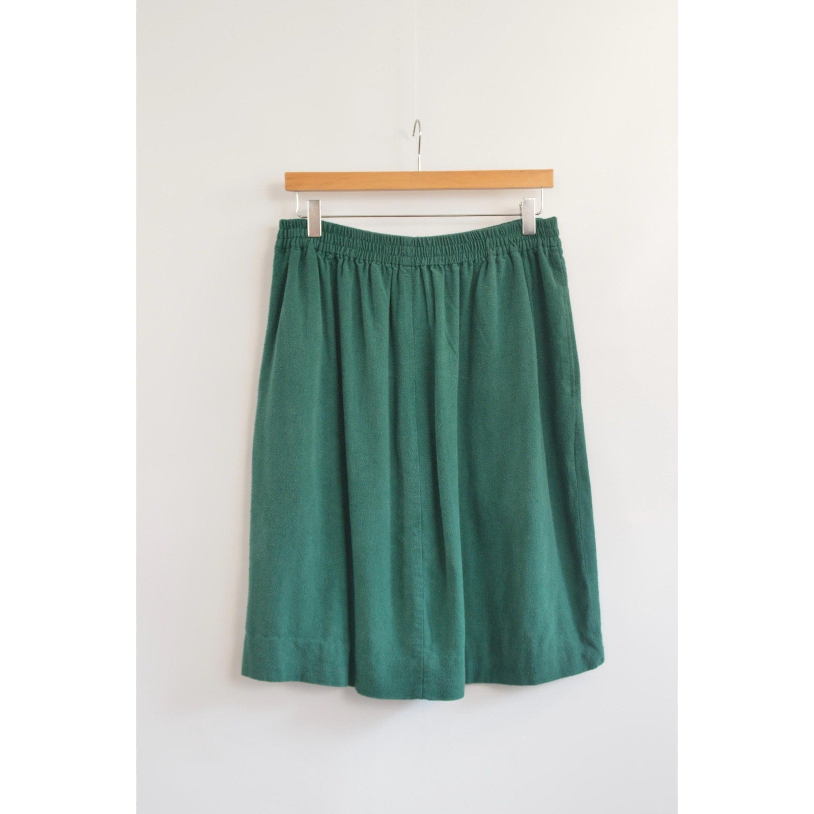 pure silk green elastic waist midi skirt with pockets