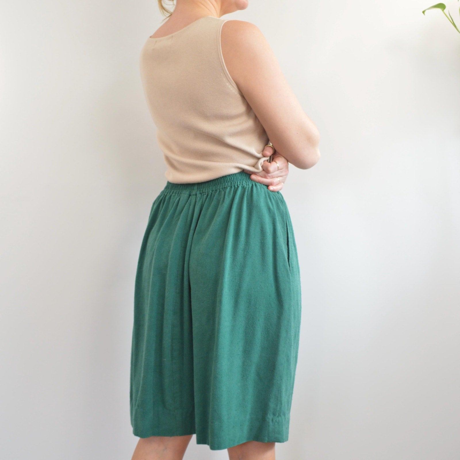 pure silk green elastic waist midi skirt with pockets