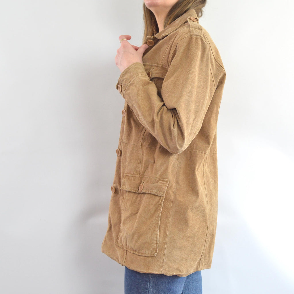 fully lined light brown vintage suede chore coat