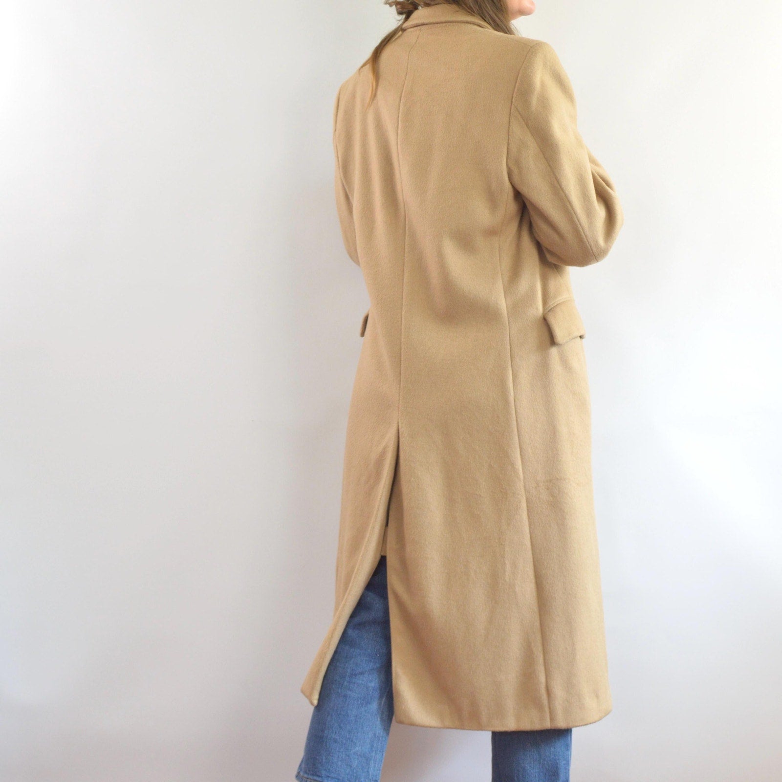 lux camel tan long wool/cashmere blend overcoat