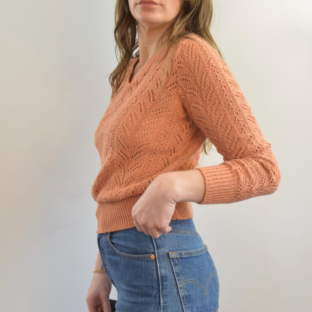 pure gould open knit dusty rose v-neck cropped sweater