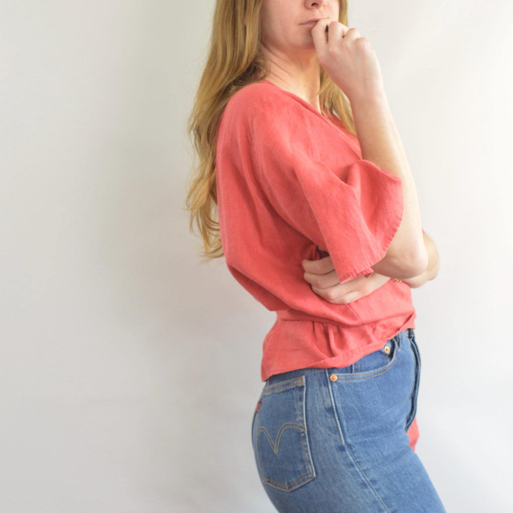 red 100% linen wrap top