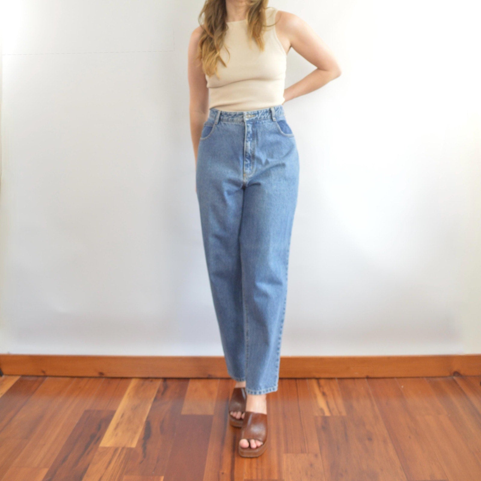 35 x 30 mid wash high rise tapered jeans