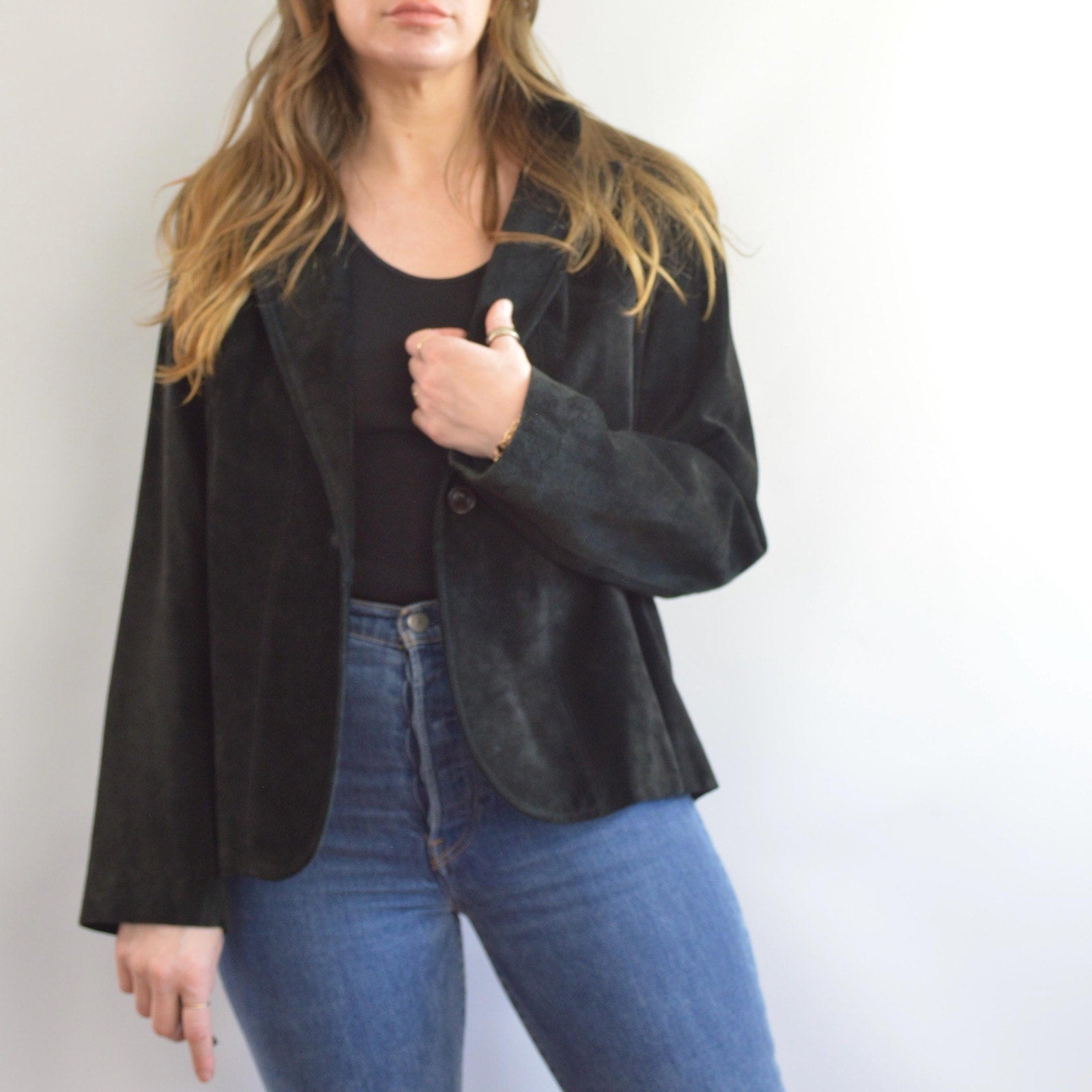 pure suede leather black slightly cropped single button jacket