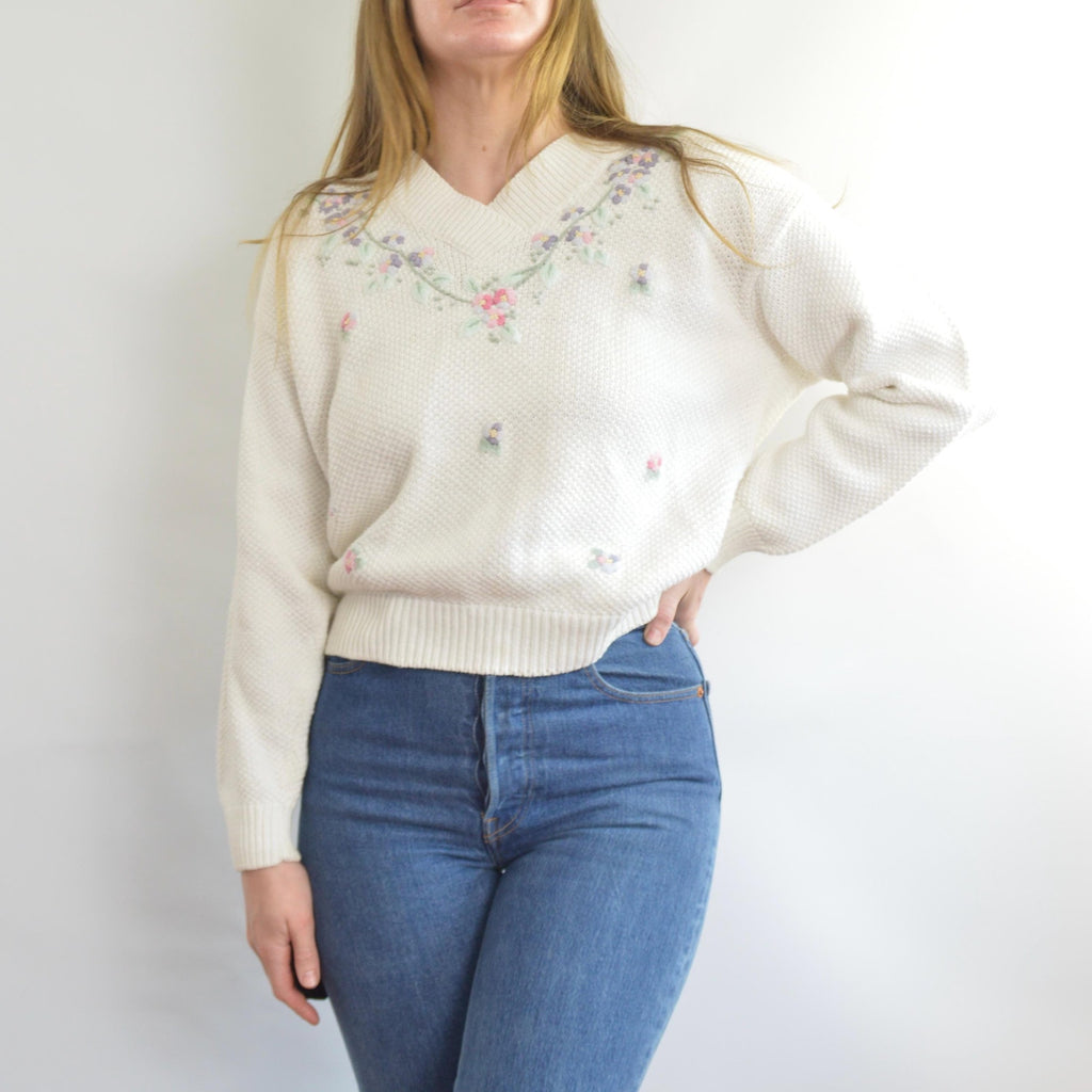 white cropped floral embroidered cotton blend sweater