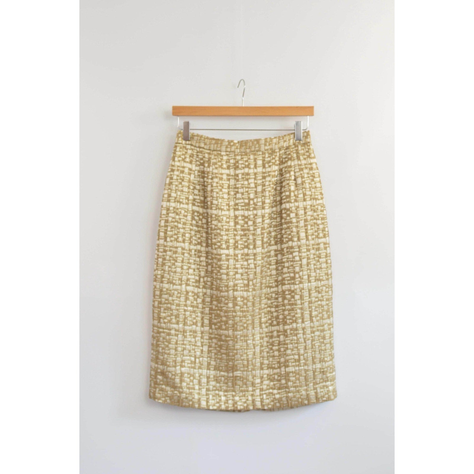 abstract geometrical gold and ivory knee length skirt