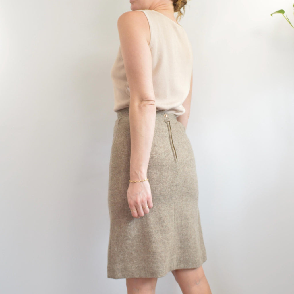 small vintage saks fifth avenue beige and brown woven wool side split skirt