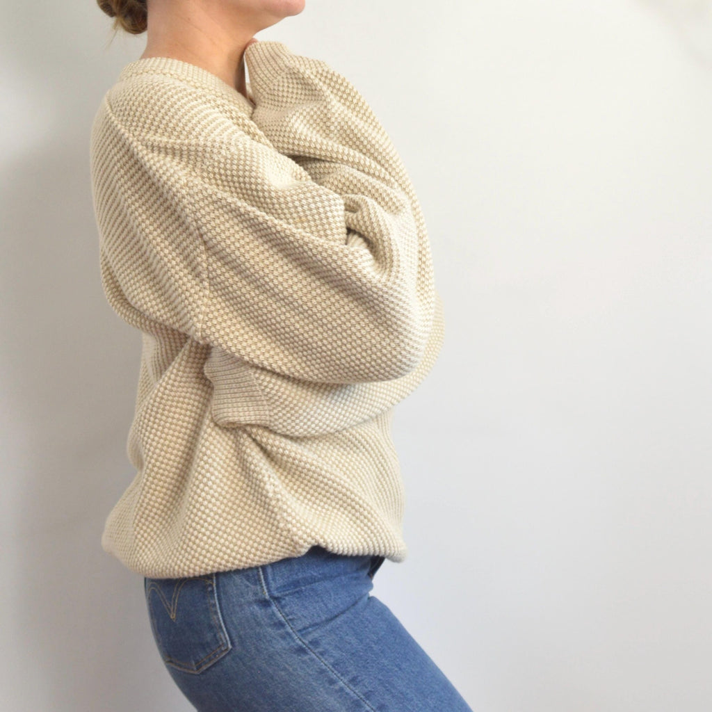classic susquehanna trail beige and cream bubble knit quarter button cotton sweater