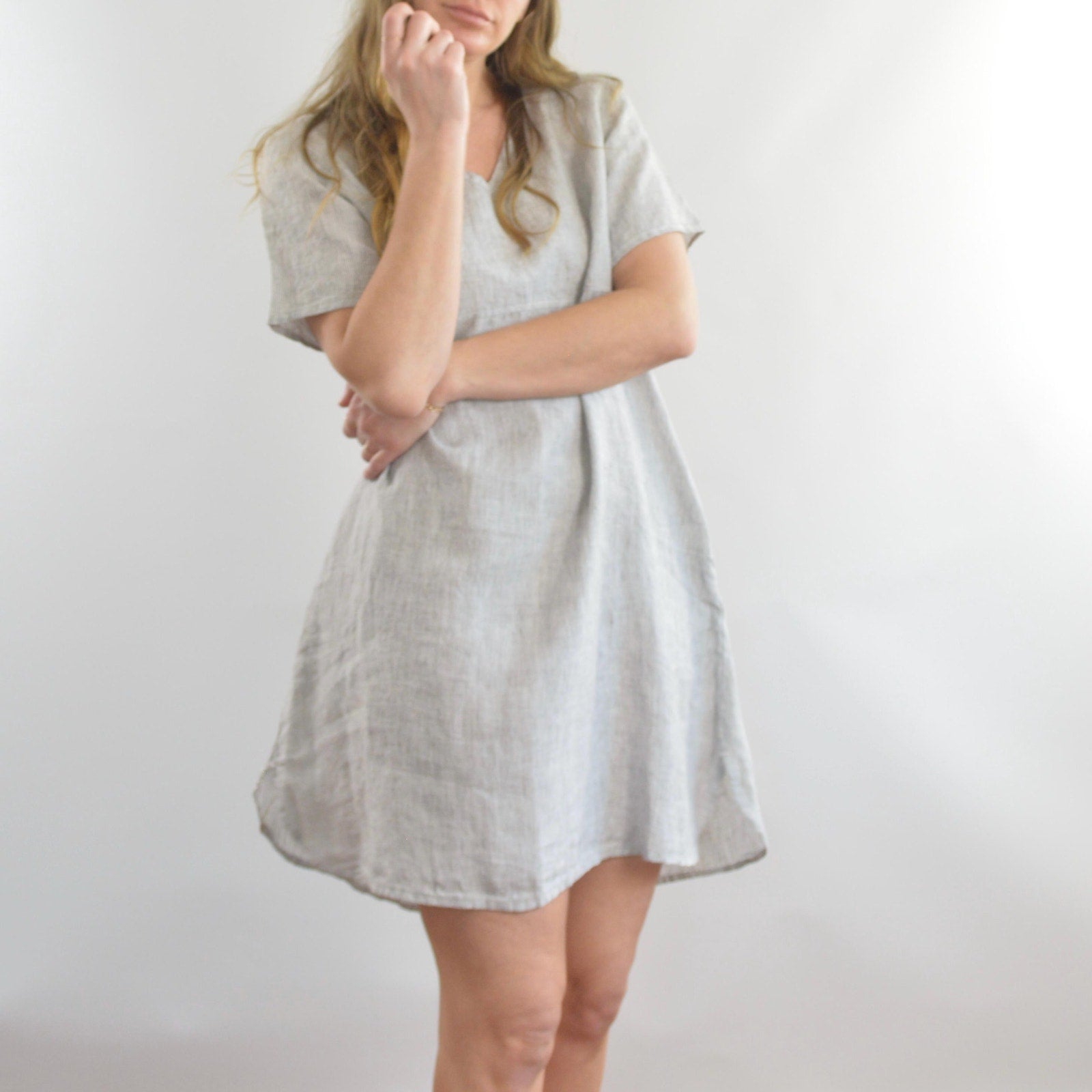 100% linen blue and white striped flax mini tee dress with pockets