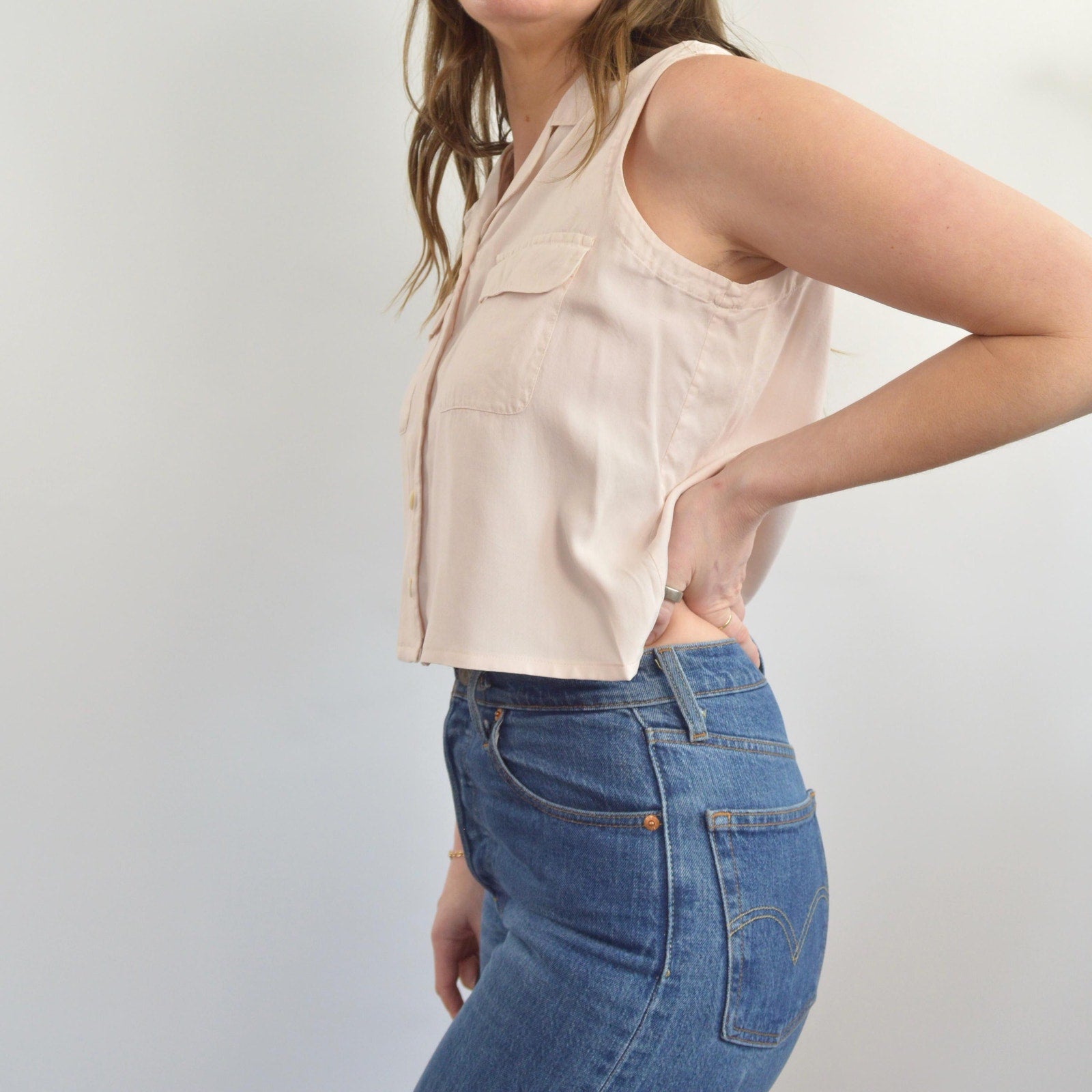 subtle light pink cropped button down 100% silk top