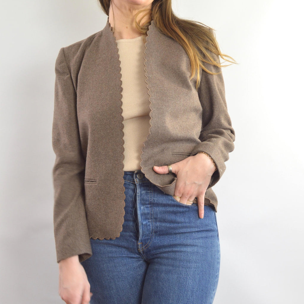 vintage taupe brown wool blend scallop edge blazer