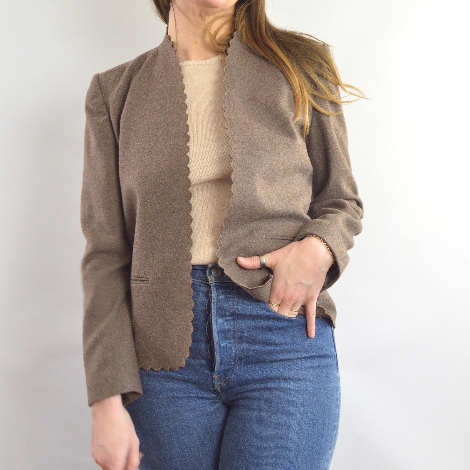 vintage taupe brown wool blend scallop edge blazer