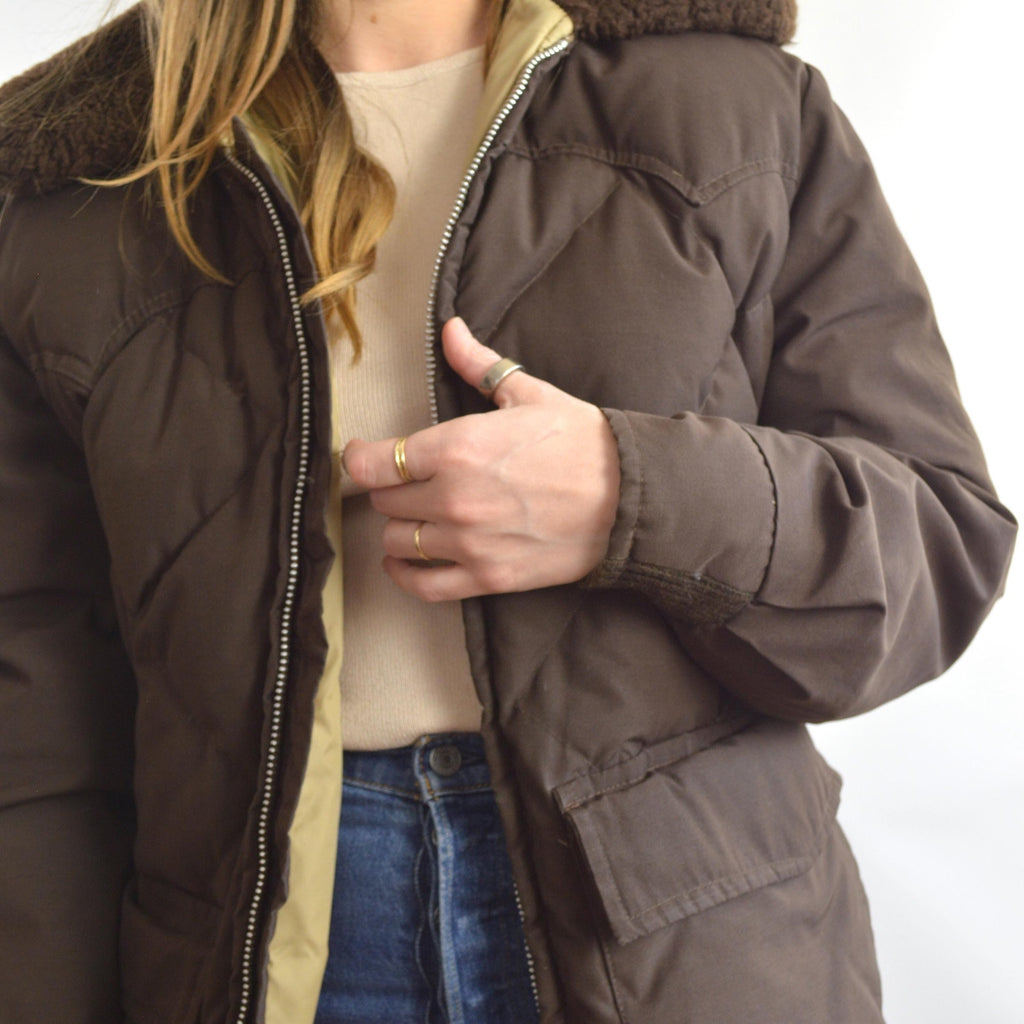 super cool park ranger meets cowboy brown puffer coat with fluffy collar