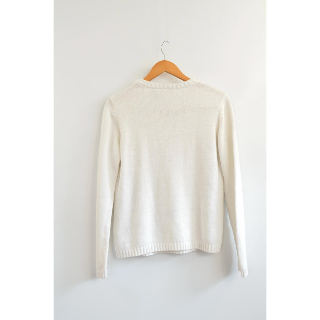 sweet white cropped floral embroidery cable knit crew neck sweater