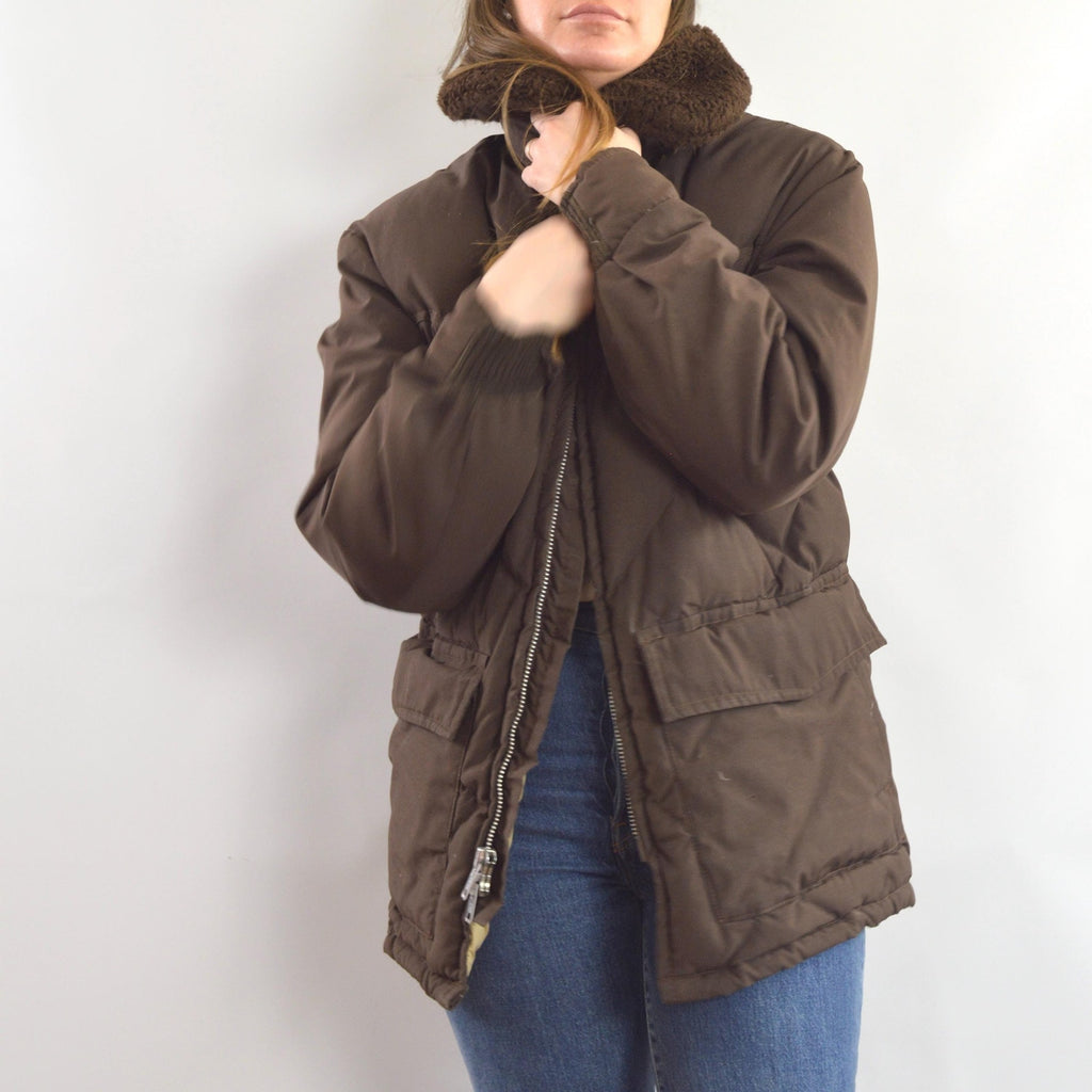 super cool park ranger meets cowboy brown puffer coat with fluffy collar