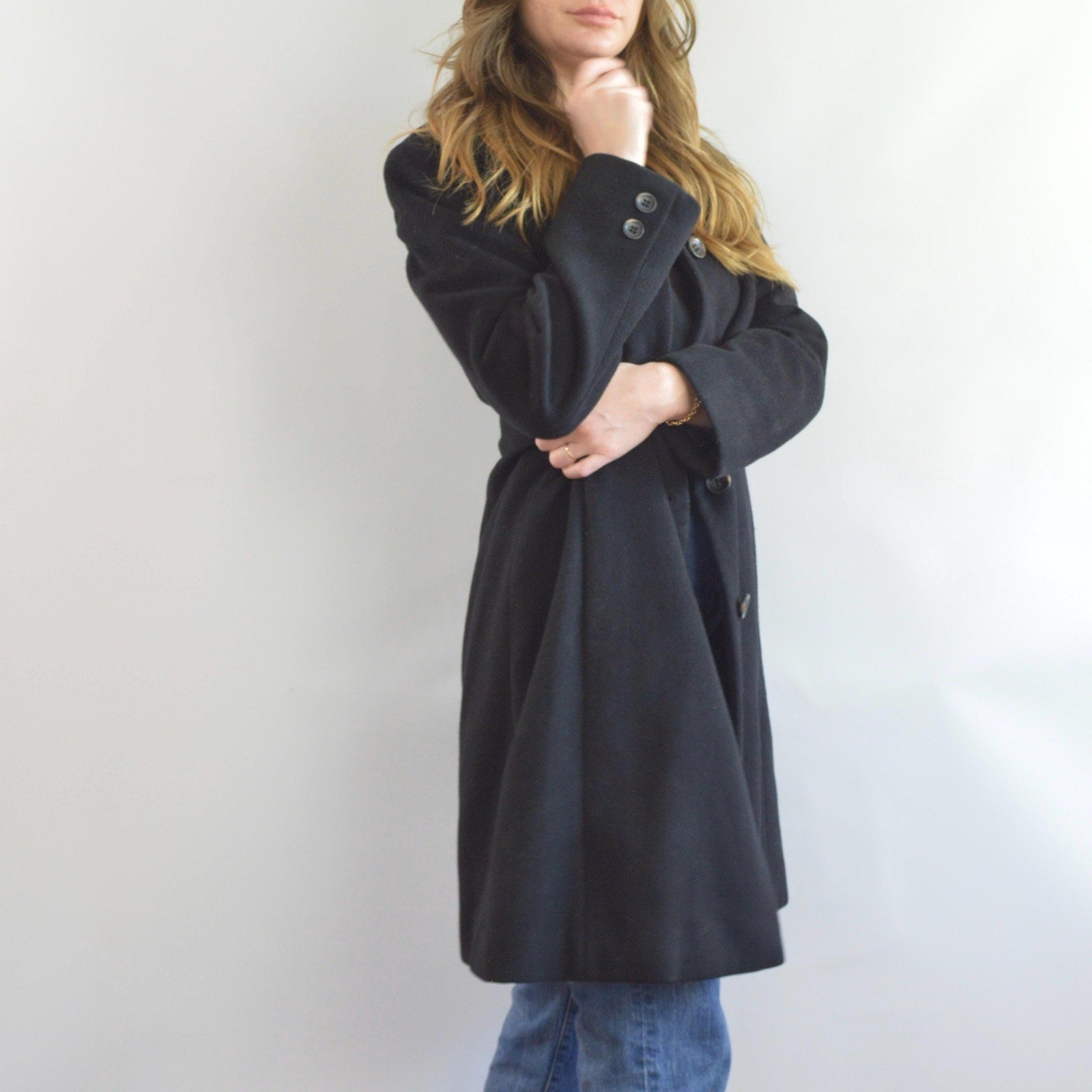 fully lined mid length vintage jones new york black wool overcoat