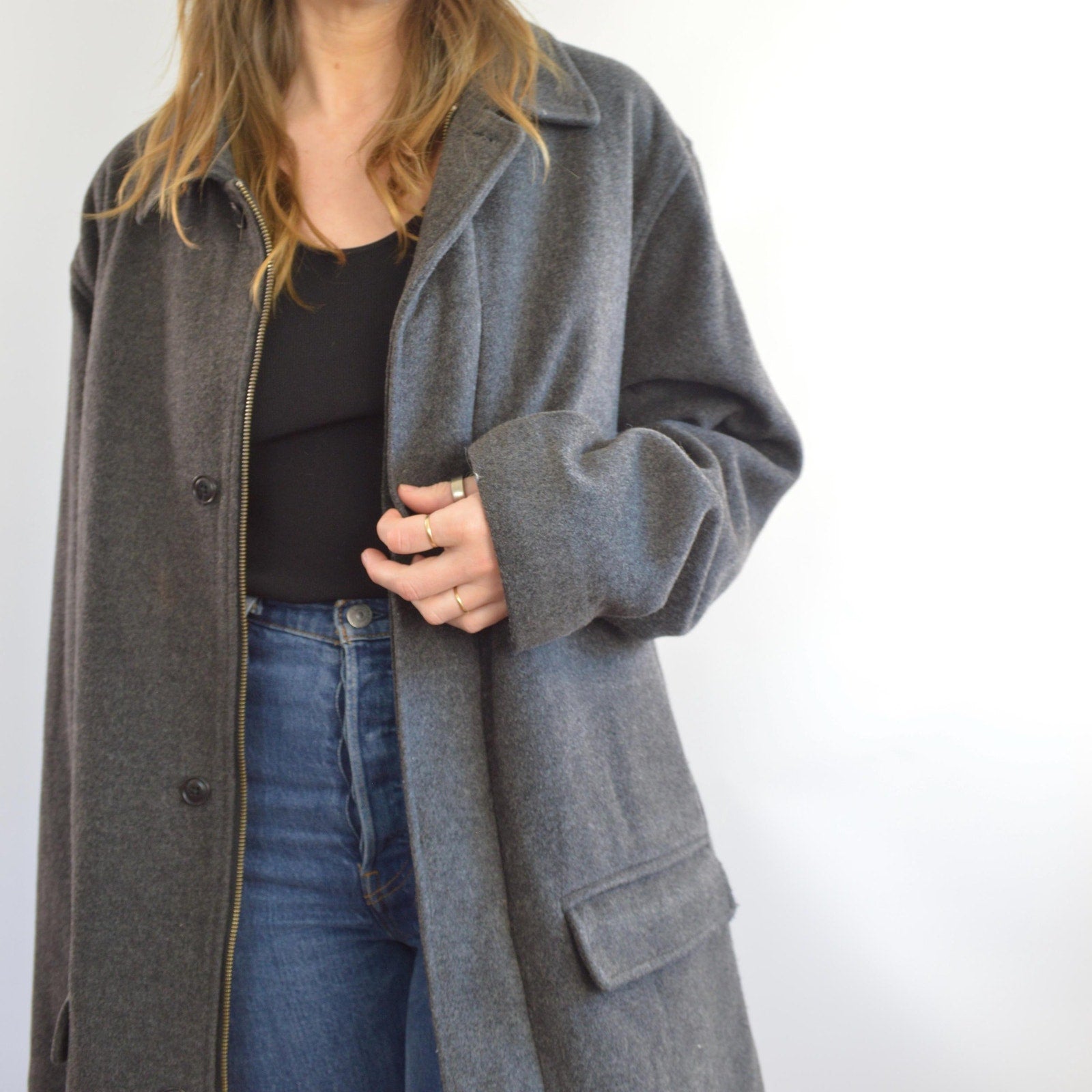 charcoal gray wool and cashmere blend mid length winter coat