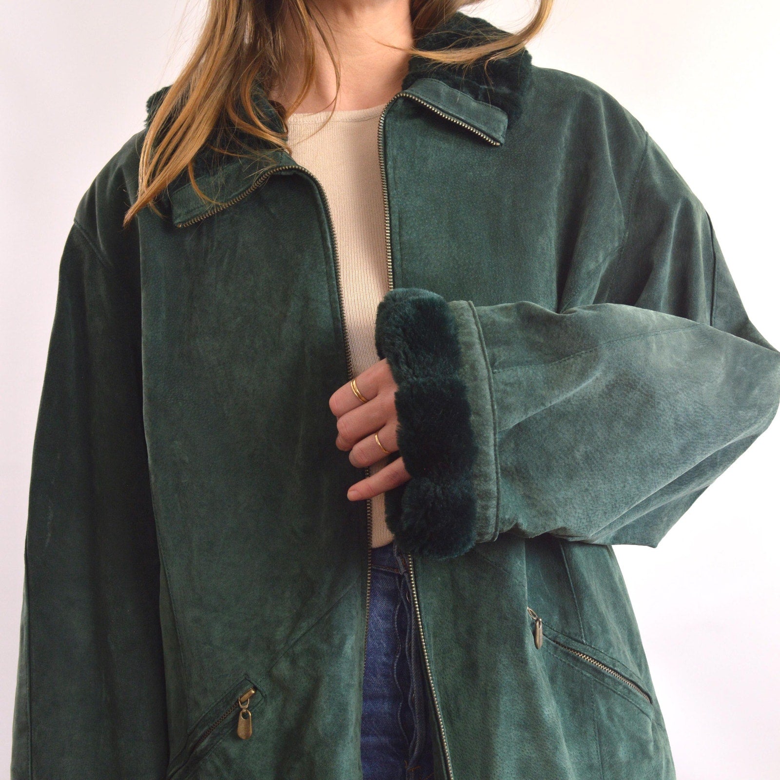 evergreen suede chore coat with sheepskin collar and cuffs