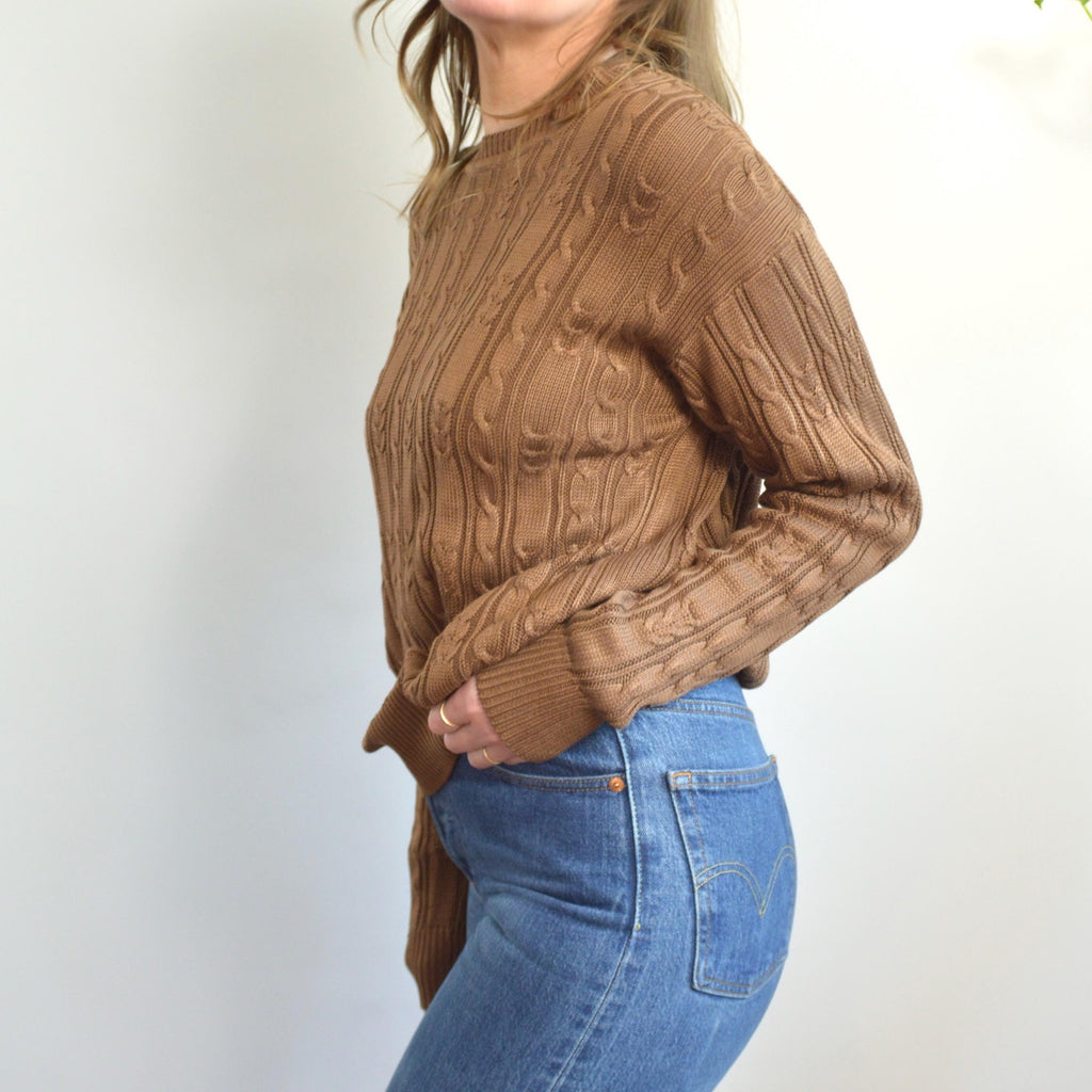 pure silk warm light brown cable knit crew neck sweater