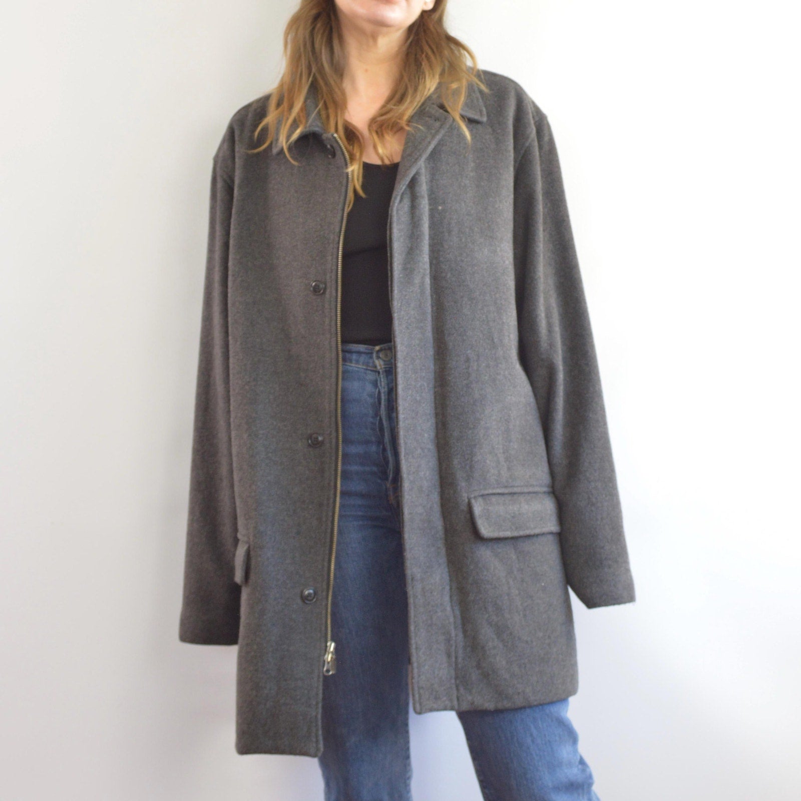 charcoal gray wool and cashmere blend mid length winter coat
