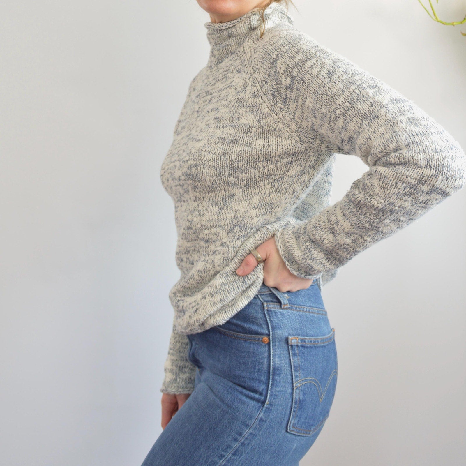 pure cotton blue and white speckled mock neck ll bean sweater