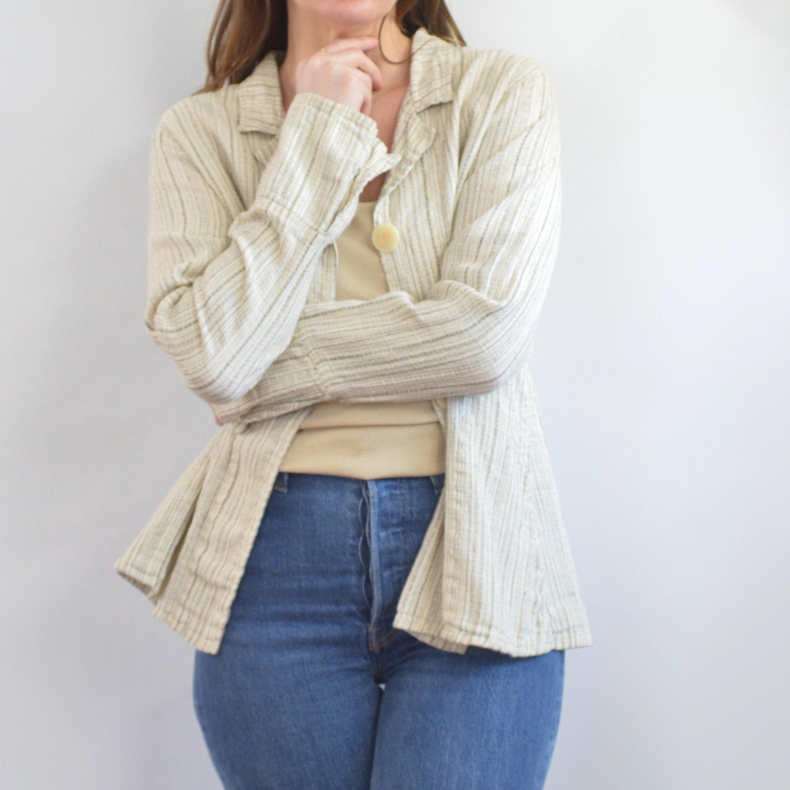 fine strip beige and gray 100% linen FLAX summer jacket