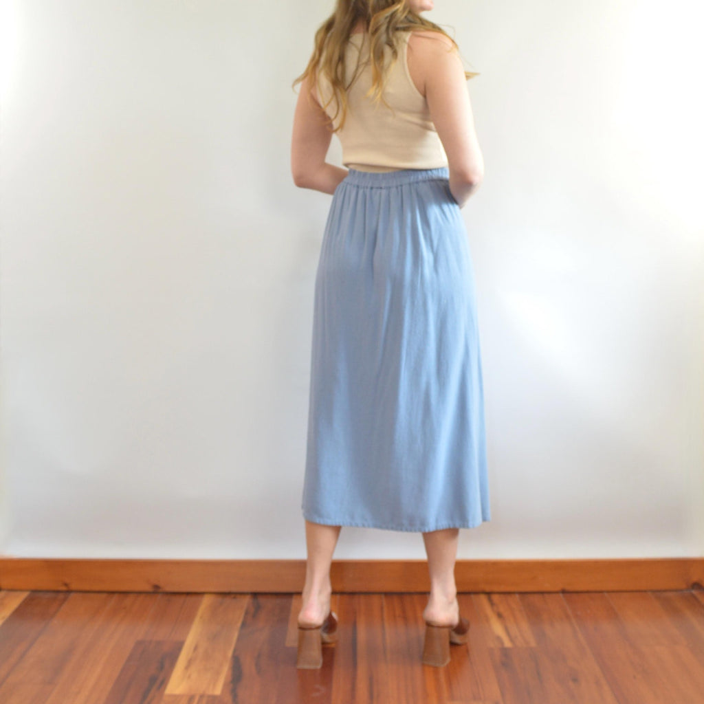 100% silk robins egg blue button down elastic waist midi skirt