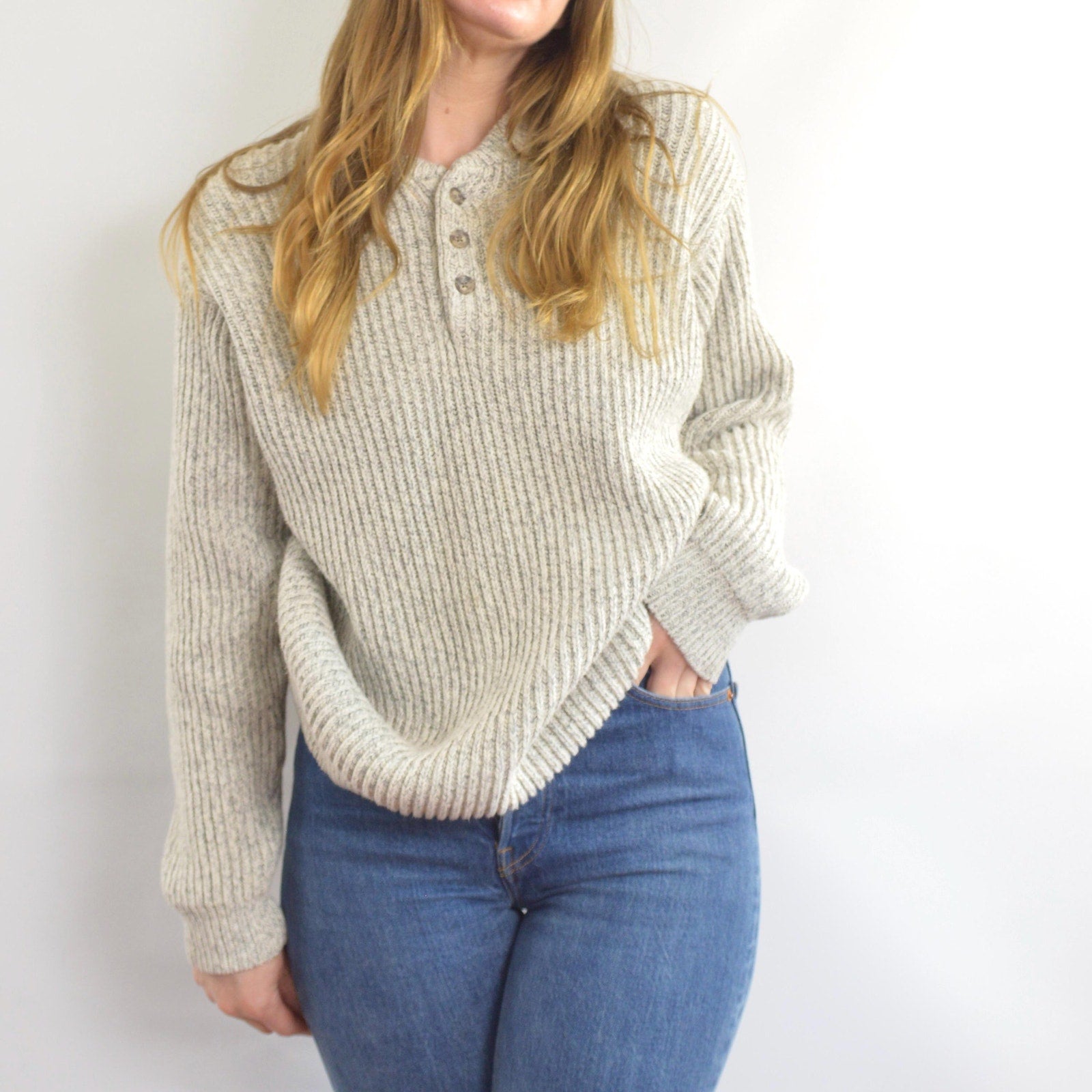 blue and white marled knit cotton quarter button vintage ll bean sweater