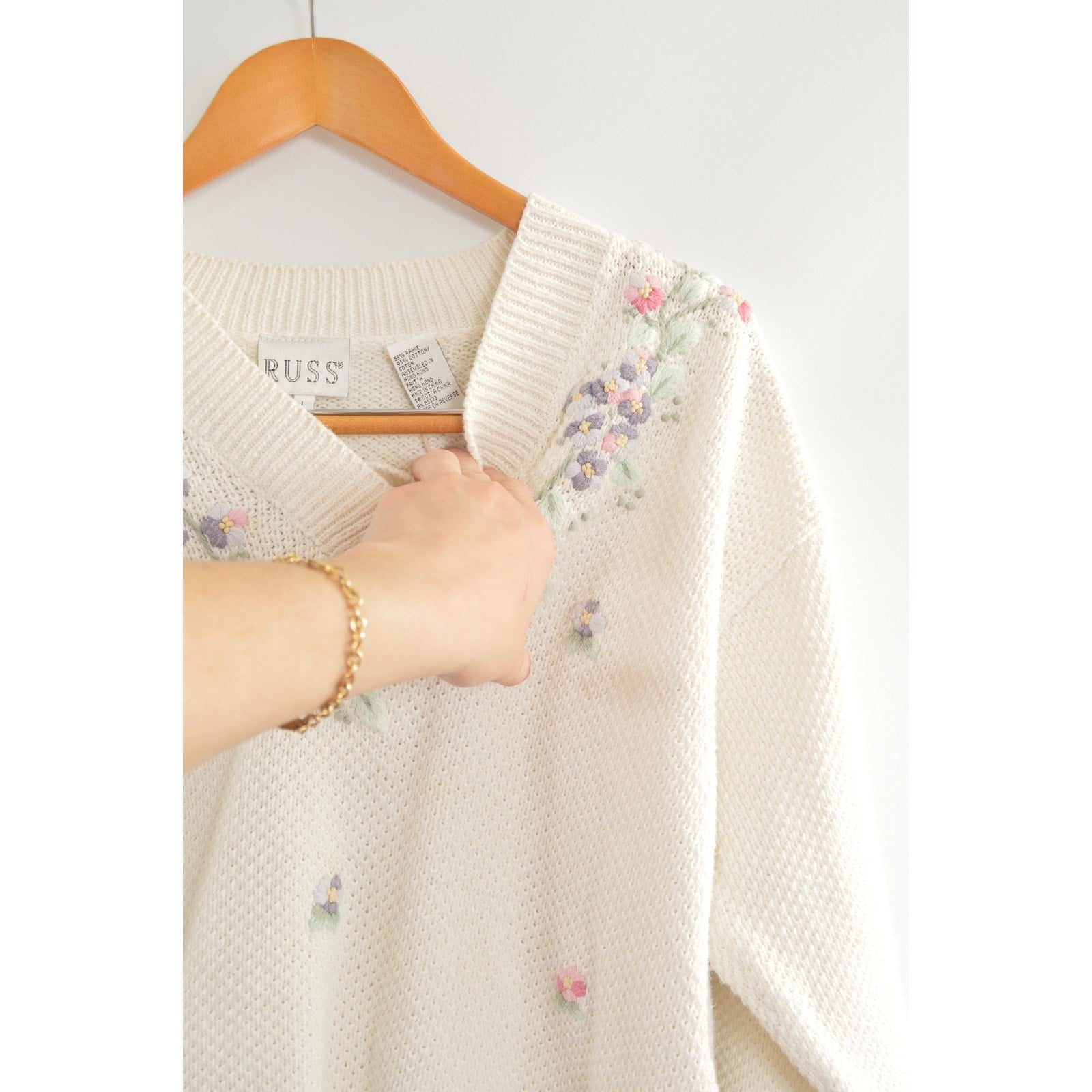 white cropped floral embroidered cotton blend sweater
