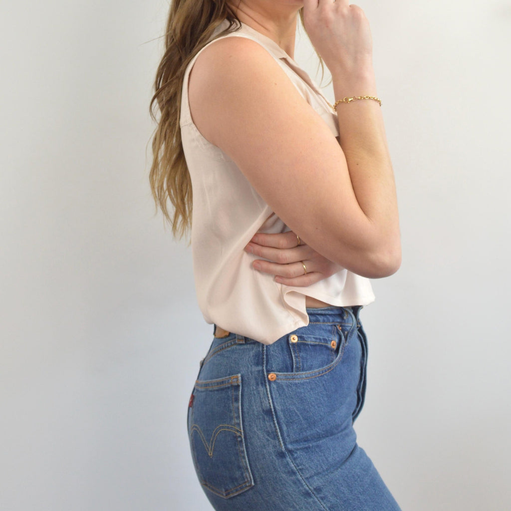 subtle light pink cropped button down 100% silk top
