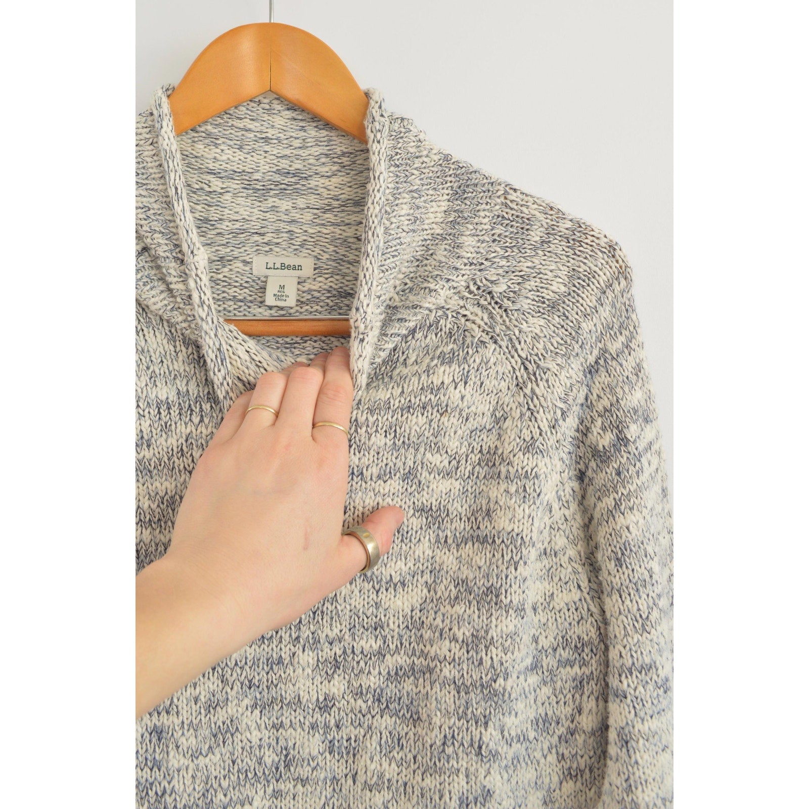 pure cotton blue and white speckled mock neck ll bean sweater