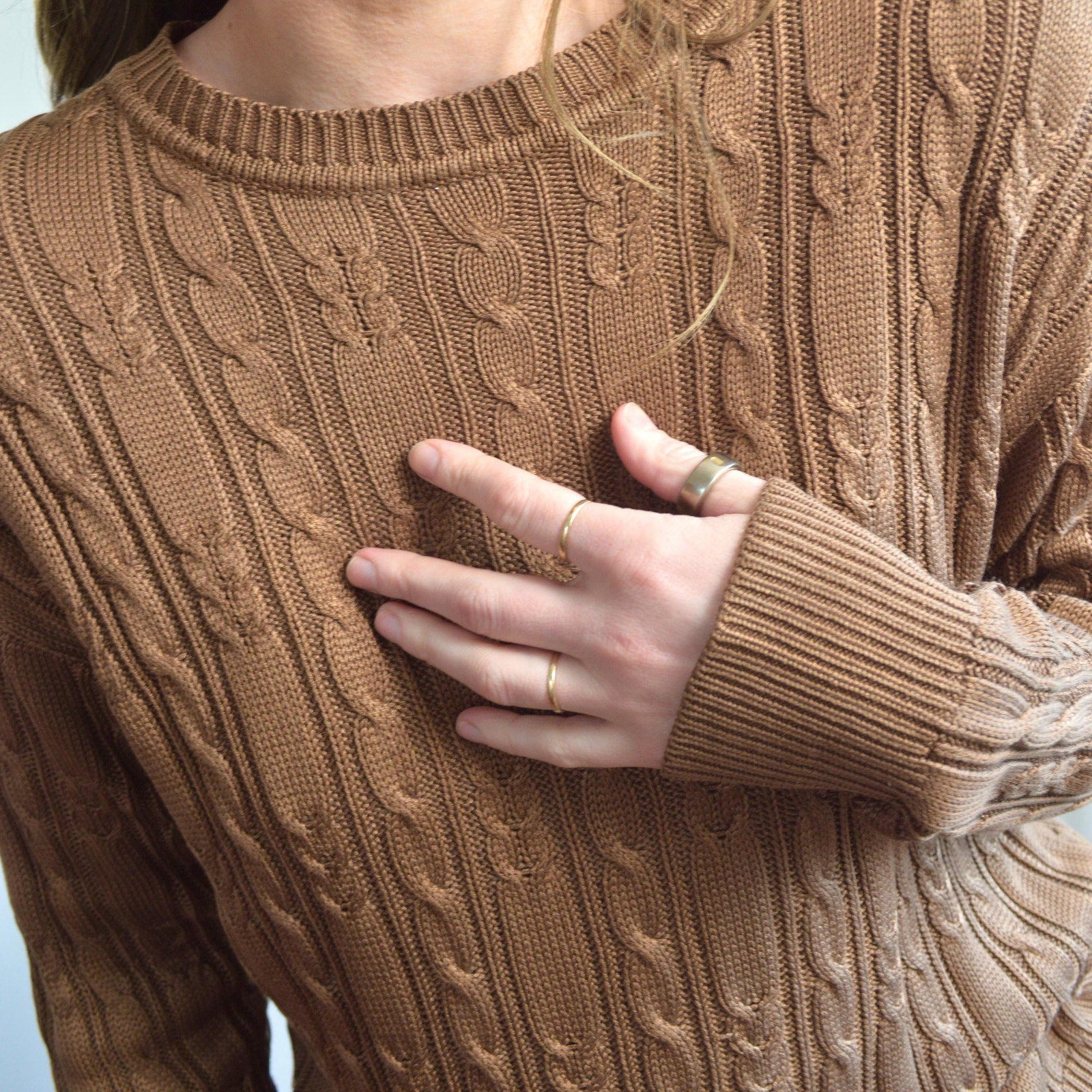 pure silk warm light brown cable knit crew neck sweater