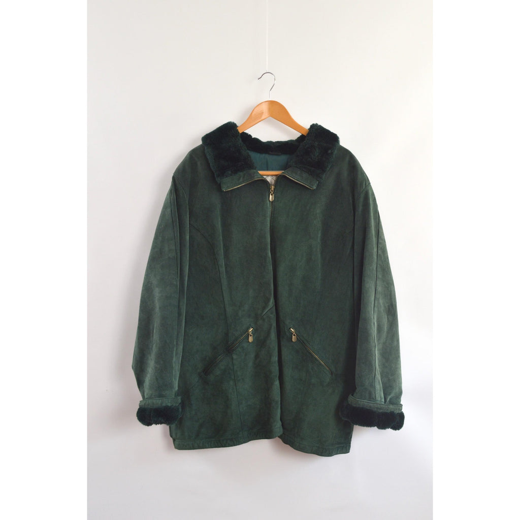 evergreen suede chore coat with sheepskin collar and cuffs