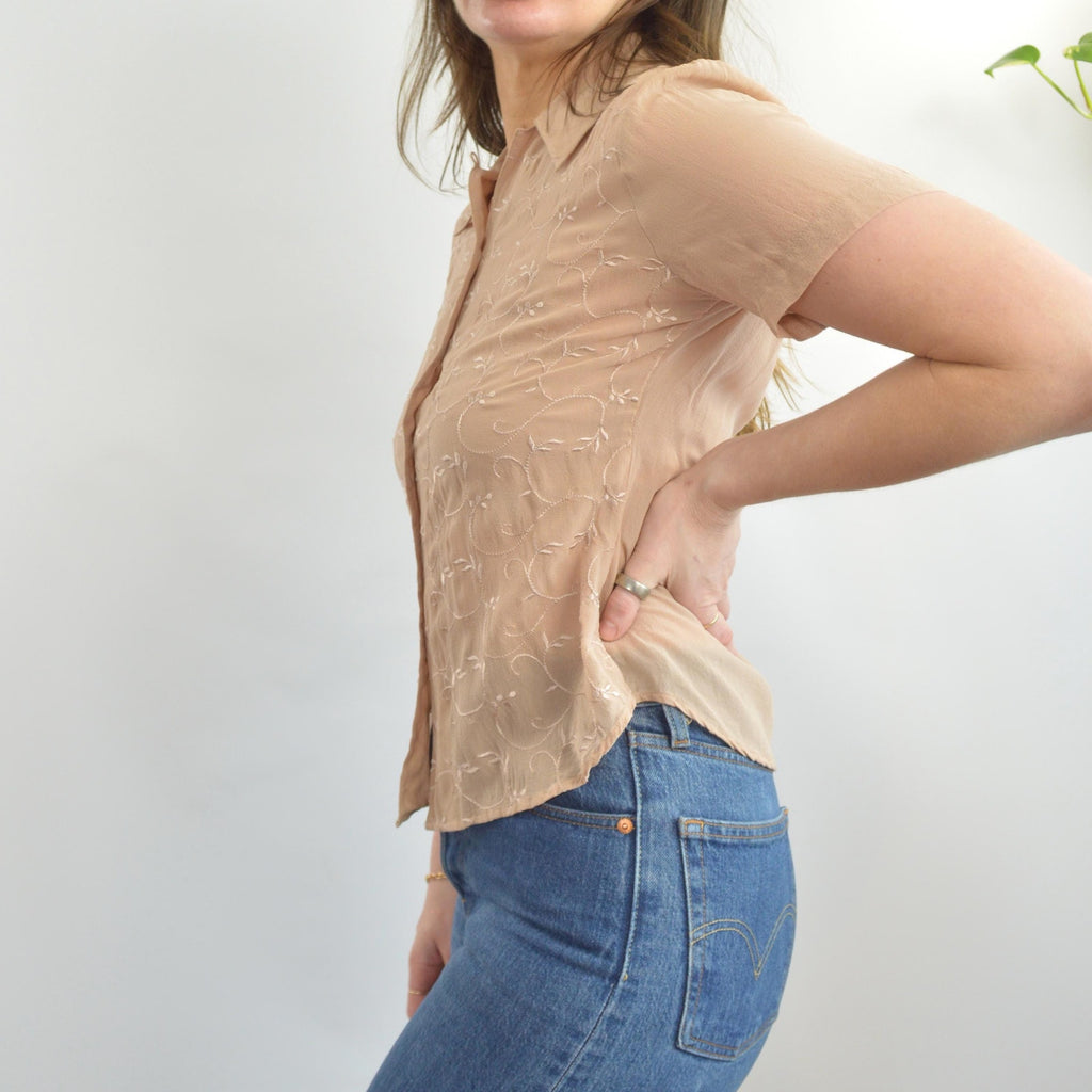 dusty rose beige embroidered silk button down blouse