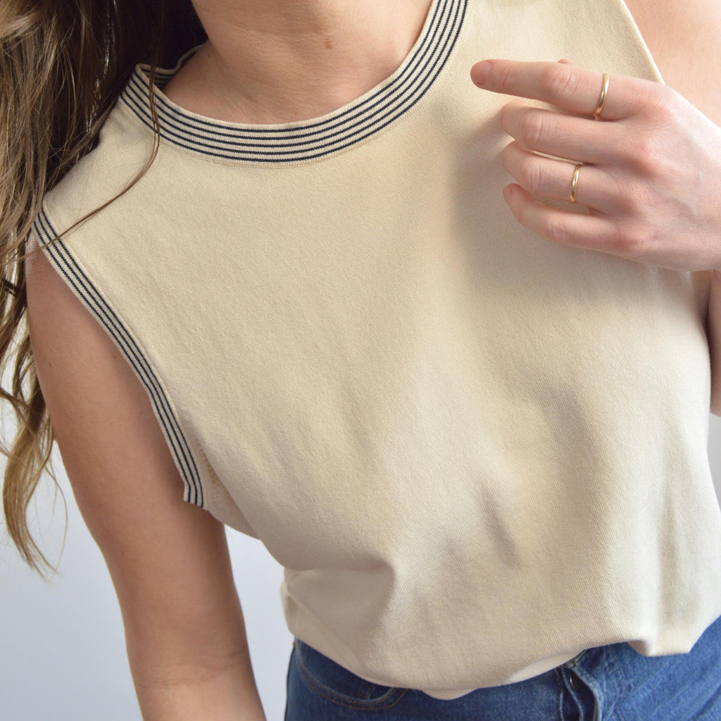 sweater knit silk blend tank with black striped banding around neck and sleeves