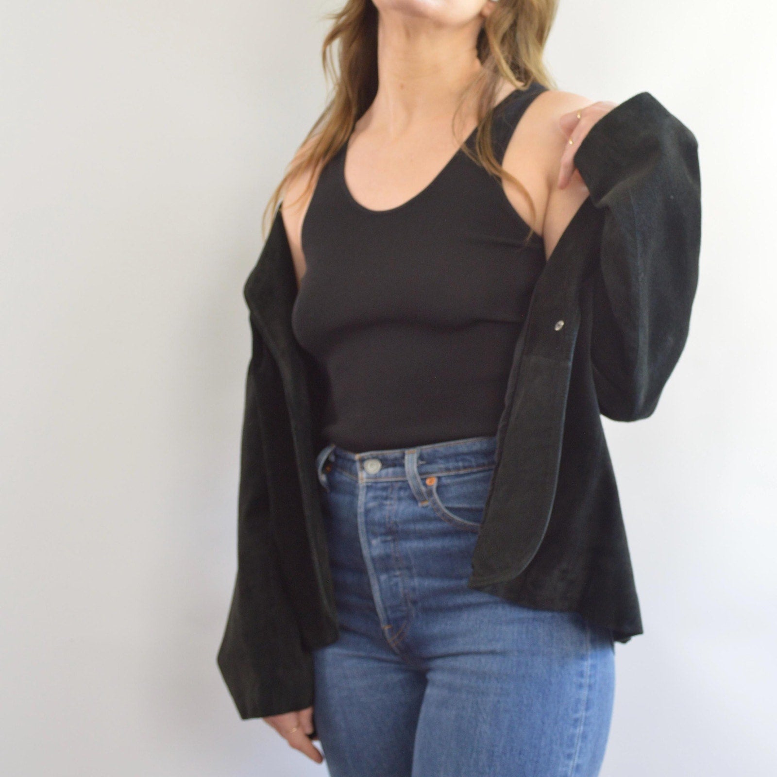pure suede leather black slightly cropped single button jacket