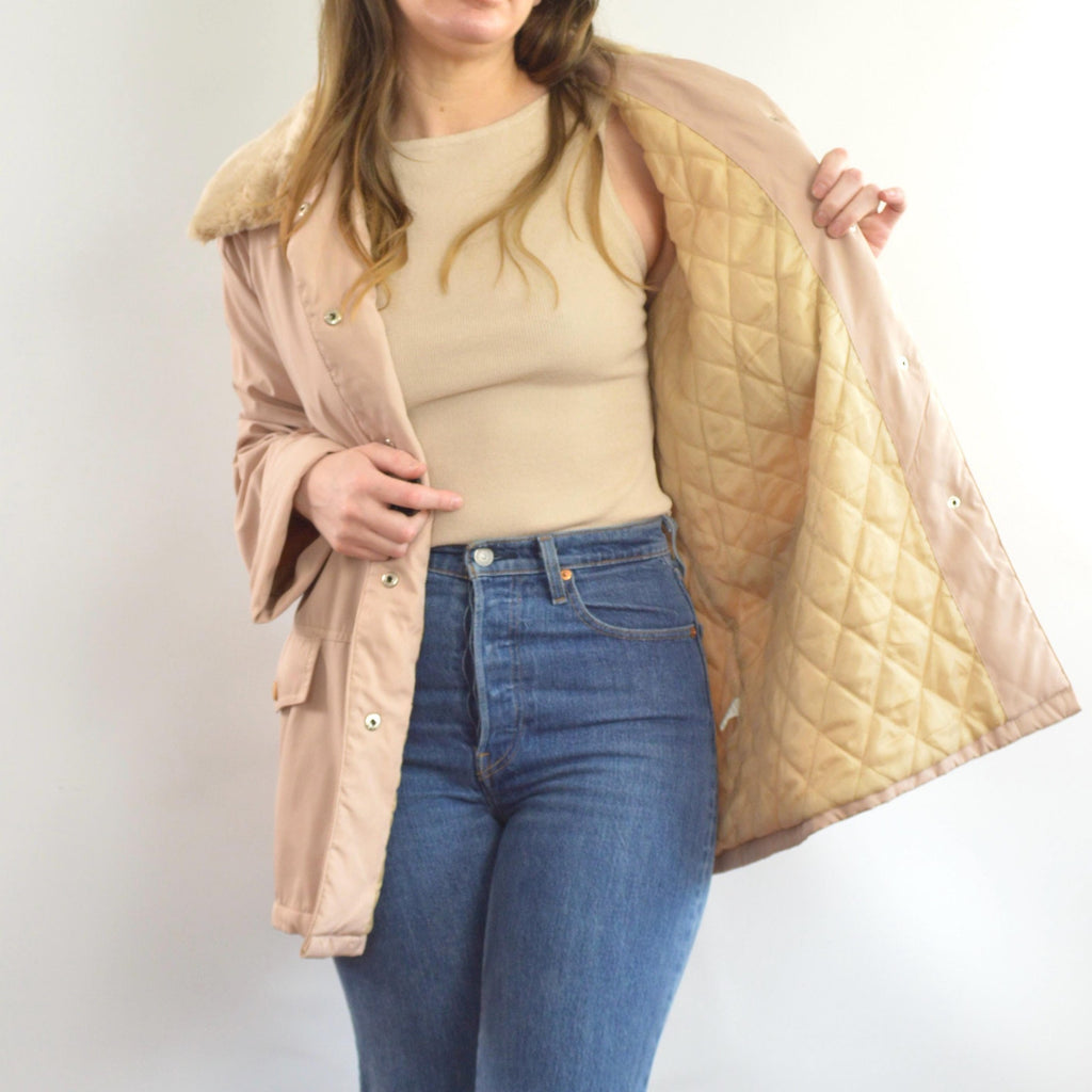 blush and tan cotton blend quilted insulated parka with removable faux fur collar